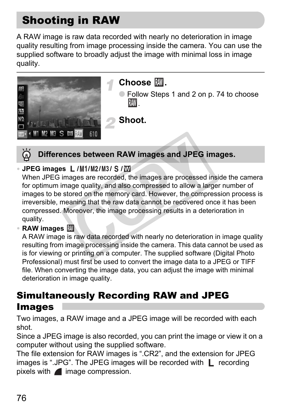 Shooting in raw, Co py | Canon PowerShot G11 User Manual | Page 76 / 196