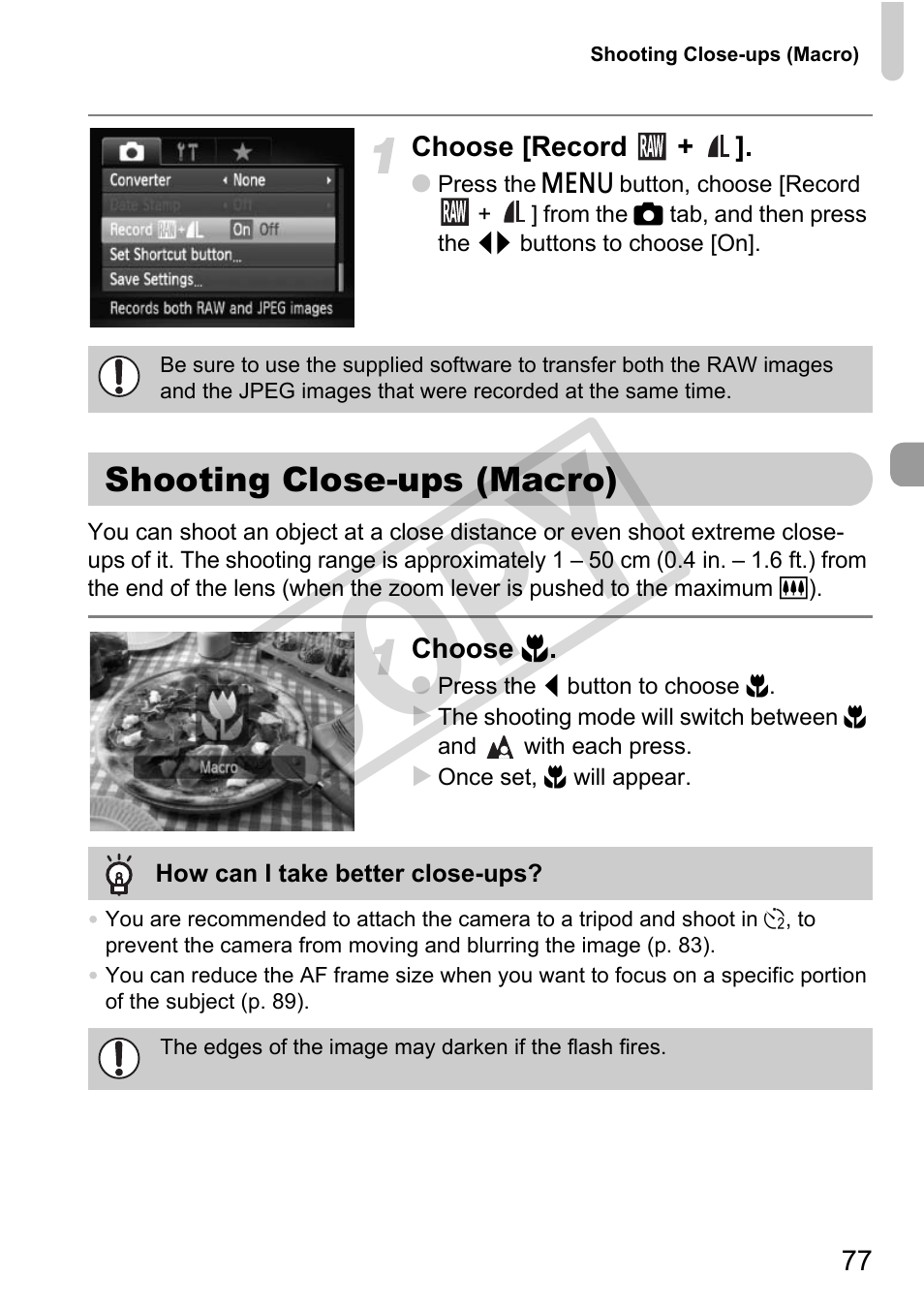 Shooting close-ups (macro), Macro) (p. 77), Macro (p. 77), manual | P. 77), manua, P. 77), manual, Co py | Canon PowerShot G11 User Manual | Page 77 / 196