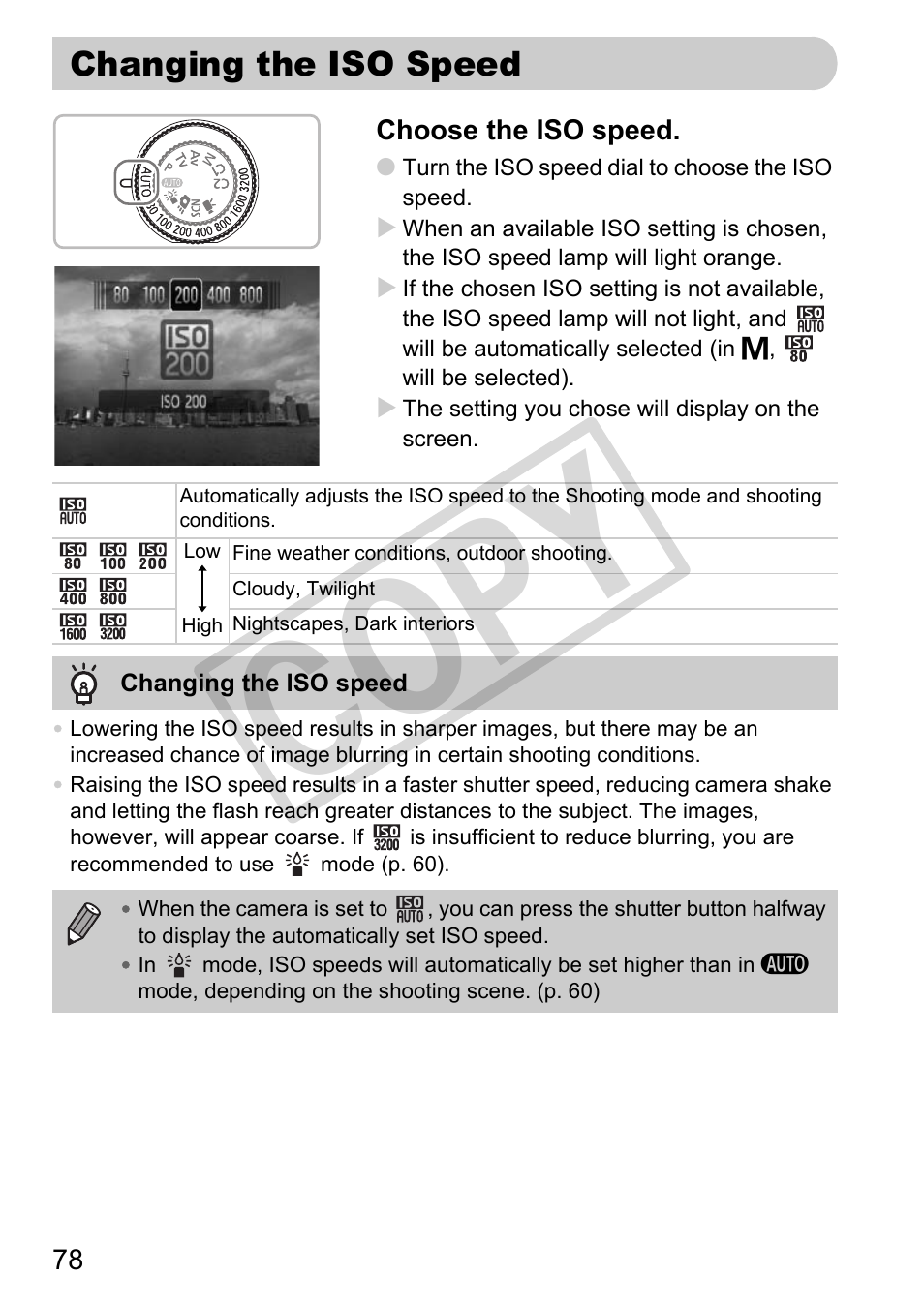 Changing the iso speed, Mp (p. 78), L (p. 78) | Speed (p. 78, Iso speed (p. 78), D (p. 78, Ed (p. 78), P. 78), Co py | Canon PowerShot G11 User Manual | Page 78 / 196