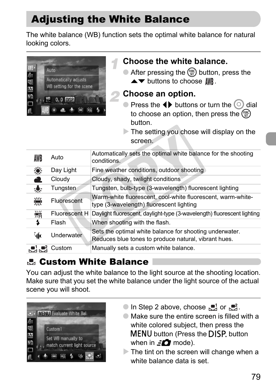 Adjusting the white balance, White balance (p. 79), P. 79 | Co py | Canon PowerShot G11 User Manual | Page 79 / 196