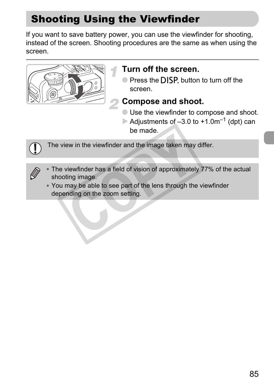 Shooting using the viewfinder, T dial (p. 85) viewfinder (p. 85, Co py | Canon PowerShot G11 User Manual | Page 85 / 196