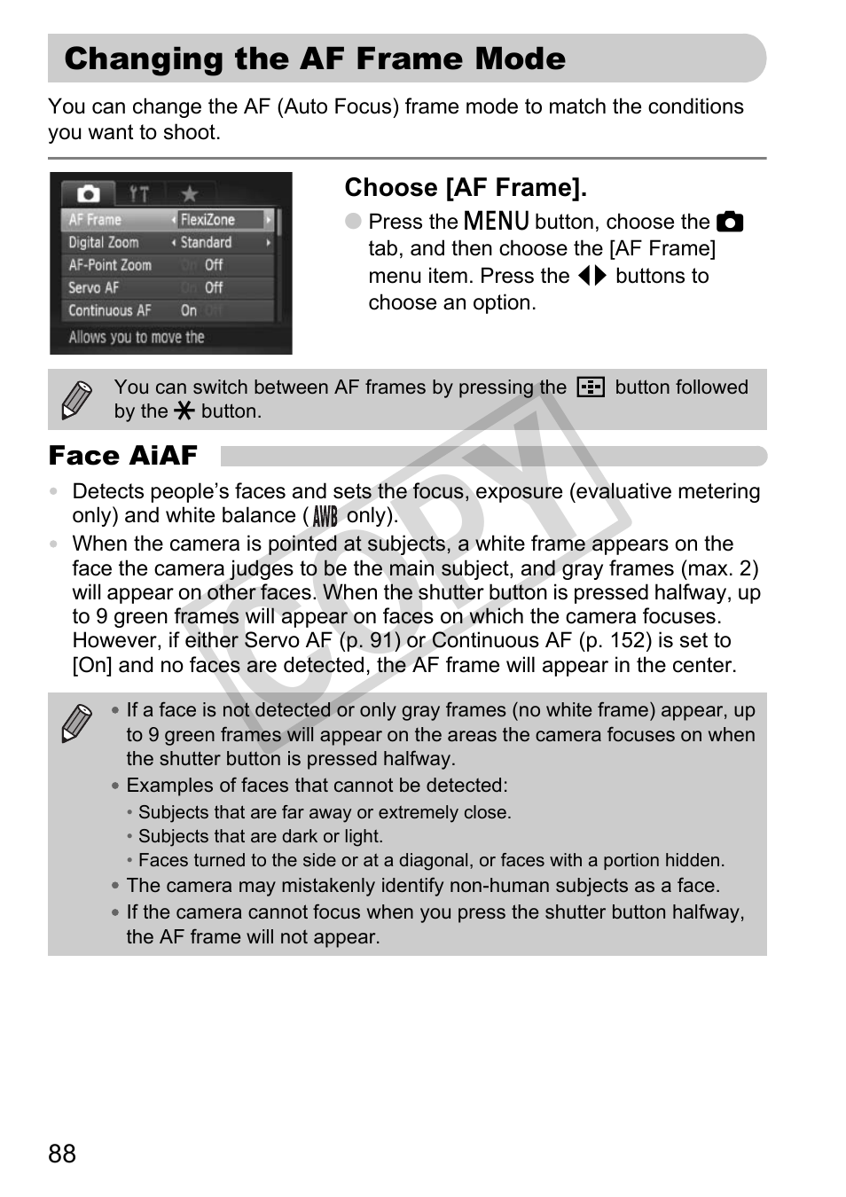 Changing the af frame mode, Frame selector) (pp, Co py | Canon PowerShot G11 User Manual | Page 88 / 196