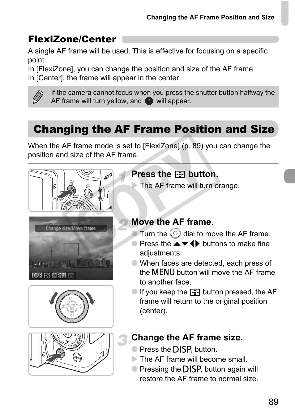 Changing the af frame position and size, Co py | Canon PowerShot G11 User Manual | Page 89 / 196