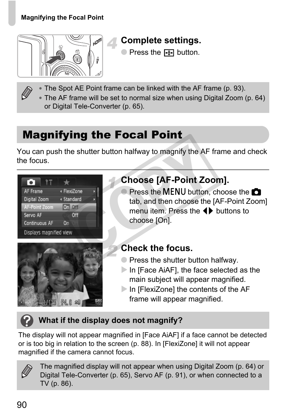 Magnifying the focal point, Co py | Canon PowerShot G11 User Manual | Page 90 / 196