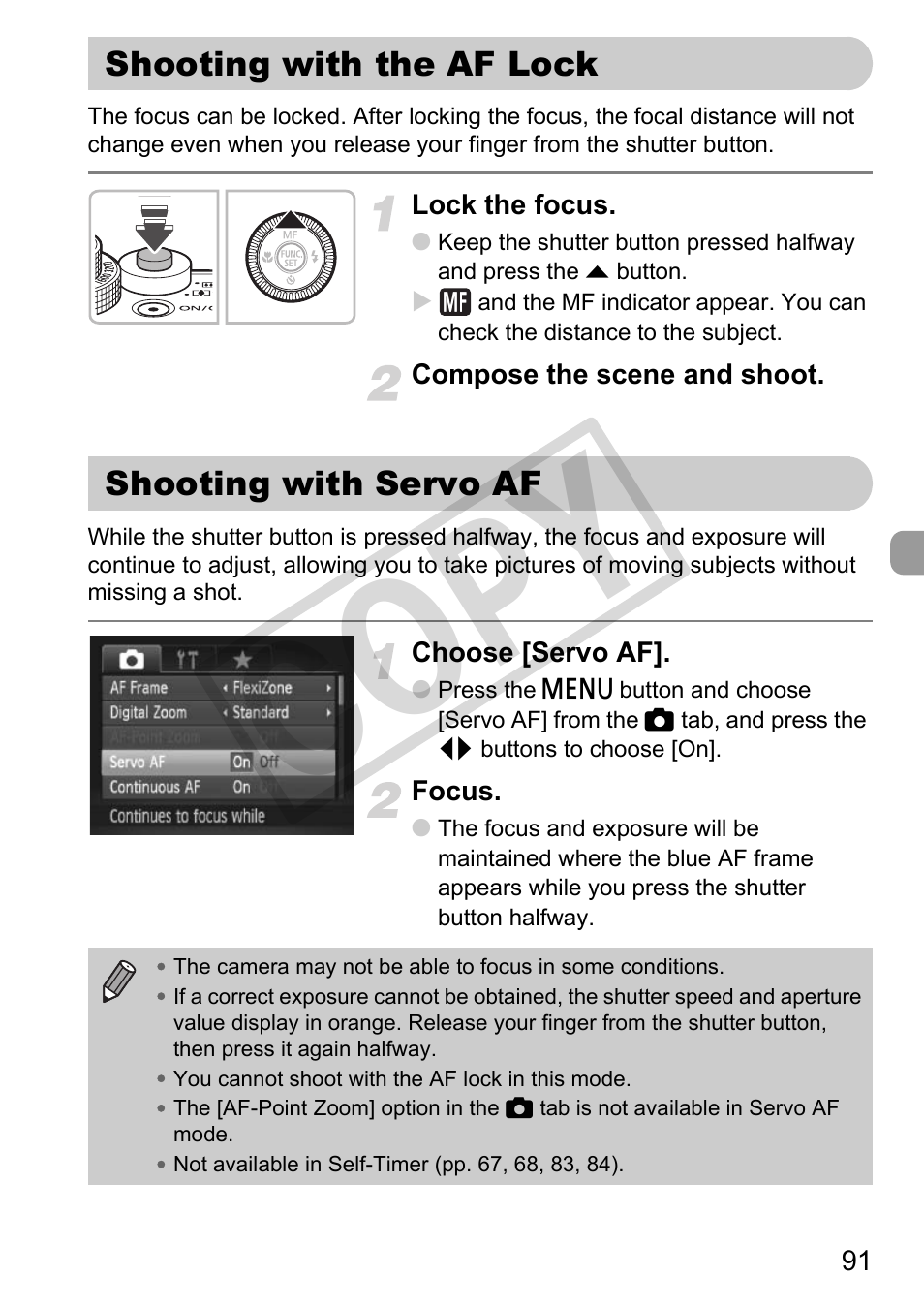 Shooting with the af lock shooting with servo af, Lock (p. 91), Servo af (p. 91) | Co py | Canon PowerShot G11 User Manual | Page 91 / 196