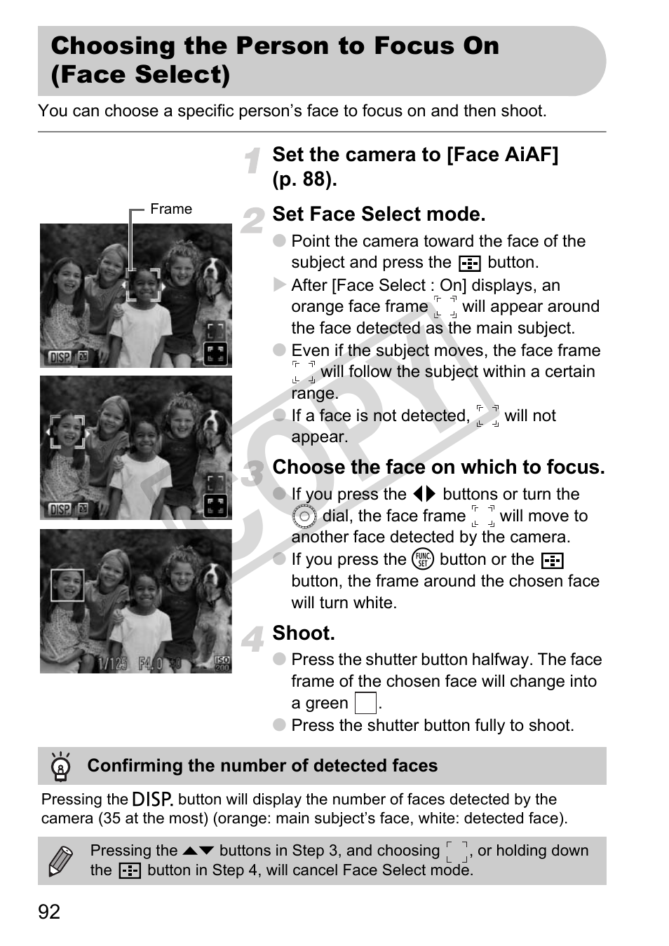 Choosing the person to focus on (face select), Co py | Canon PowerShot G11 User Manual | Page 92 / 196