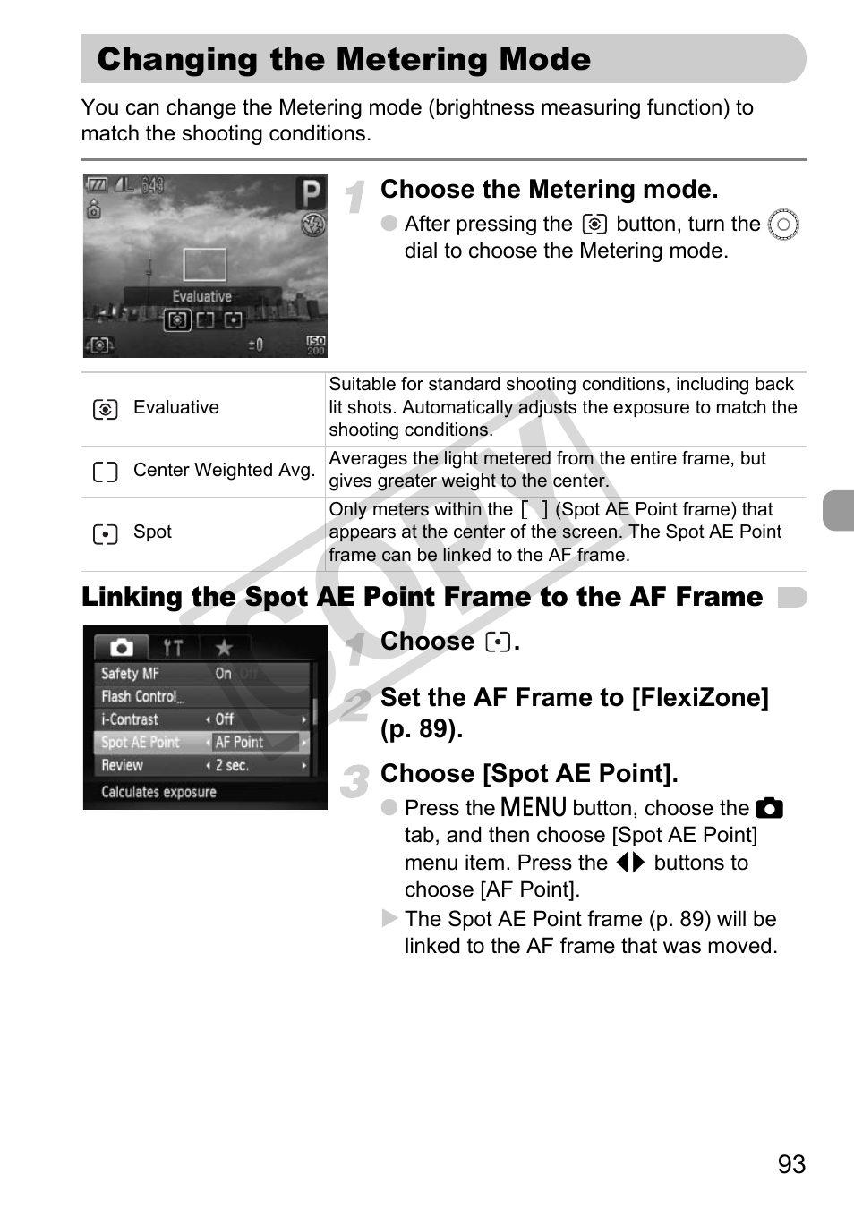 Changing the metering mode, Ering) (p. 93), P. 93) | Des (p. 93), Co py | Canon PowerShot G11 User Manual | Page 93 / 196