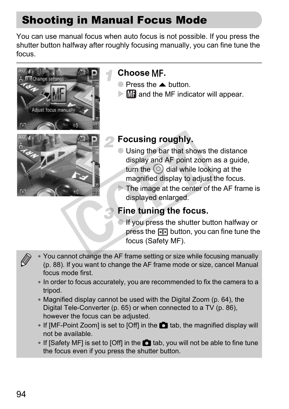 Shooting in manual focus mode, Manual focus) (p. 94), Focus (p. 94) | Ndicator (p. 94), Us (p. 94), Focus (p. 94), af, Cus (p. 94), Co py | Canon PowerShot G11 User Manual | Page 94 / 196