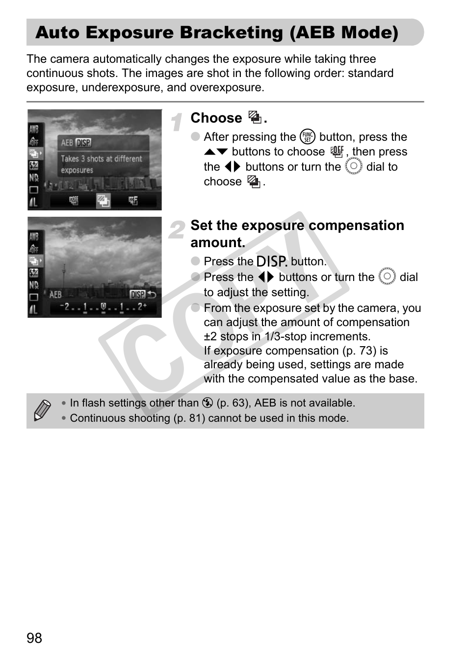 Auto exposure bracketing (aeb mode), B shooting (p. 98), Co py | Canon PowerShot G11 User Manual | Page 98 / 196