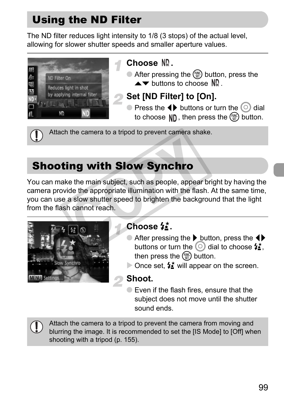 Using the nd filter shooting with slow synchro, Ilter (p. 99), Nd filter (p. 99) | Co py | Canon PowerShot G11 User Manual | Page 99 / 196