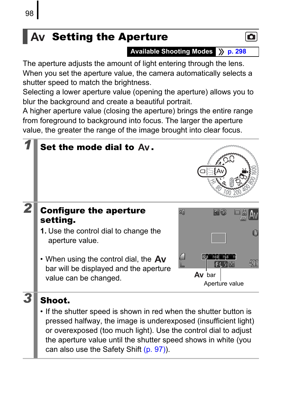 Setting the aperture, P. 98) | Canon PowerShot G10 User Manual | Page 100 / 306