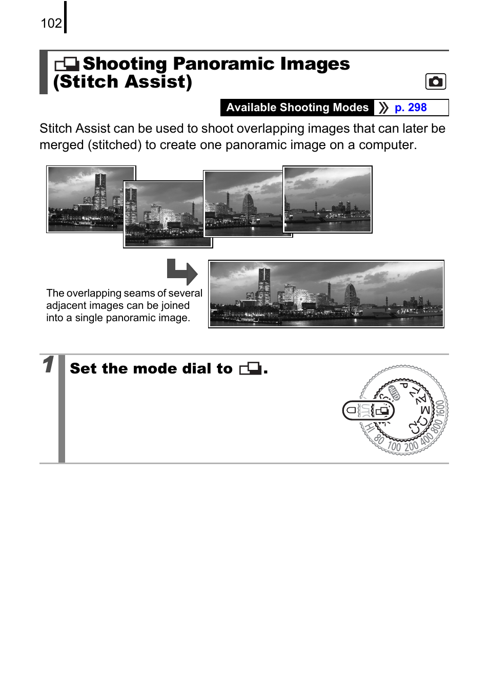 Shooting panoramic images (stitch assist), P. 102) | Canon PowerShot G10 User Manual | Page 104 / 306
