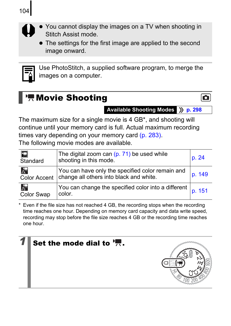 Movie shooting, Set the mode dial to | Canon PowerShot G10 User Manual | Page 106 / 306