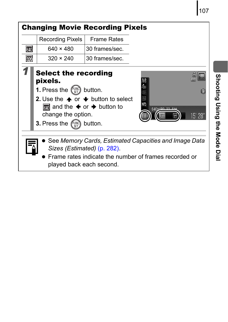 P. 107, Changing movie recording pixels, Select the recording pixels | Canon PowerShot G10 User Manual | Page 109 / 306