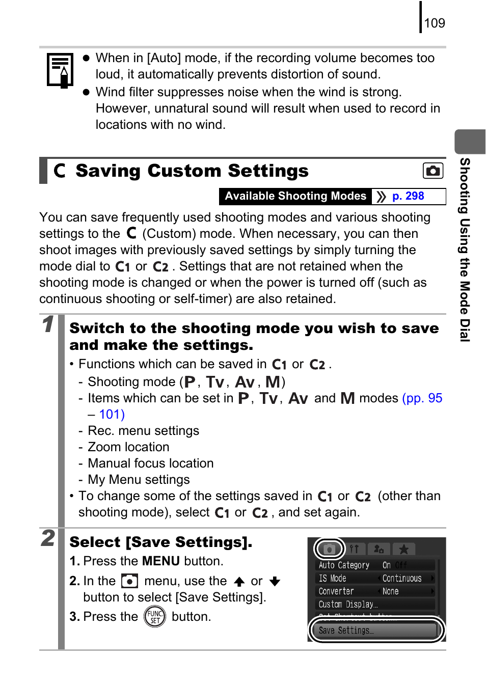 Saving custom settings, P. 109, P. 109) | Canon PowerShot G10 User Manual | Page 111 / 306