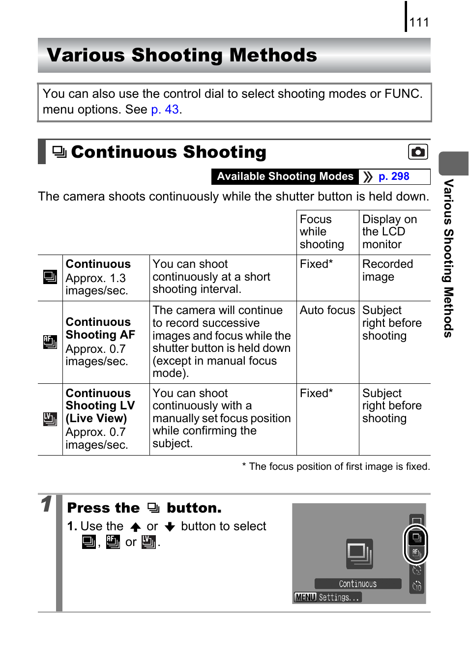 Various shooting methods, Continuous shooting, Pp. 111 | Press the button | Canon PowerShot G10 User Manual | Page 113 / 306