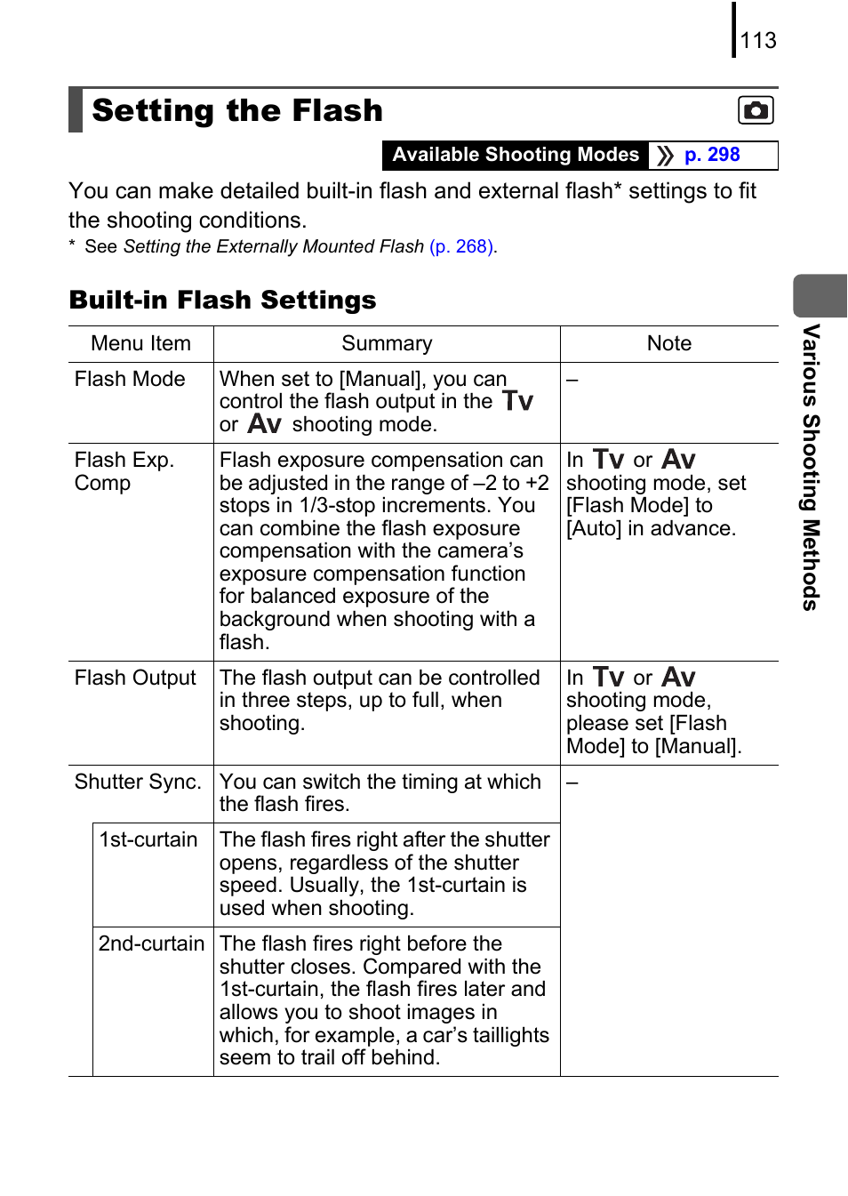 Setting the flash, P. 113, Built-in flash settings | Canon PowerShot G10 User Manual | Page 115 / 306