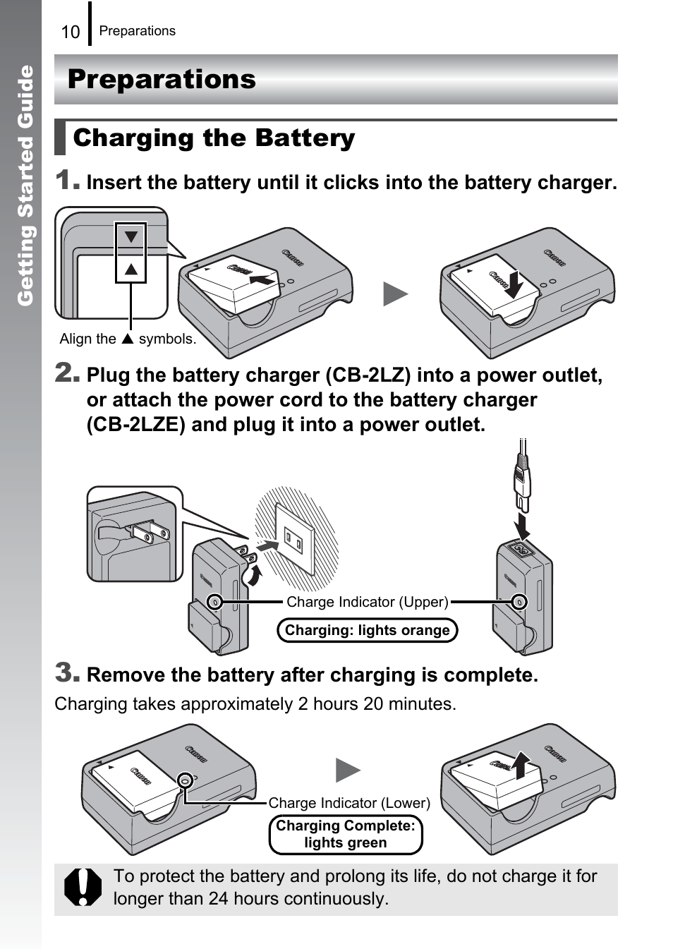 Preparations, Preparations 1, Charging the battery | Canon PowerShot G10 User Manual | Page 12 / 306