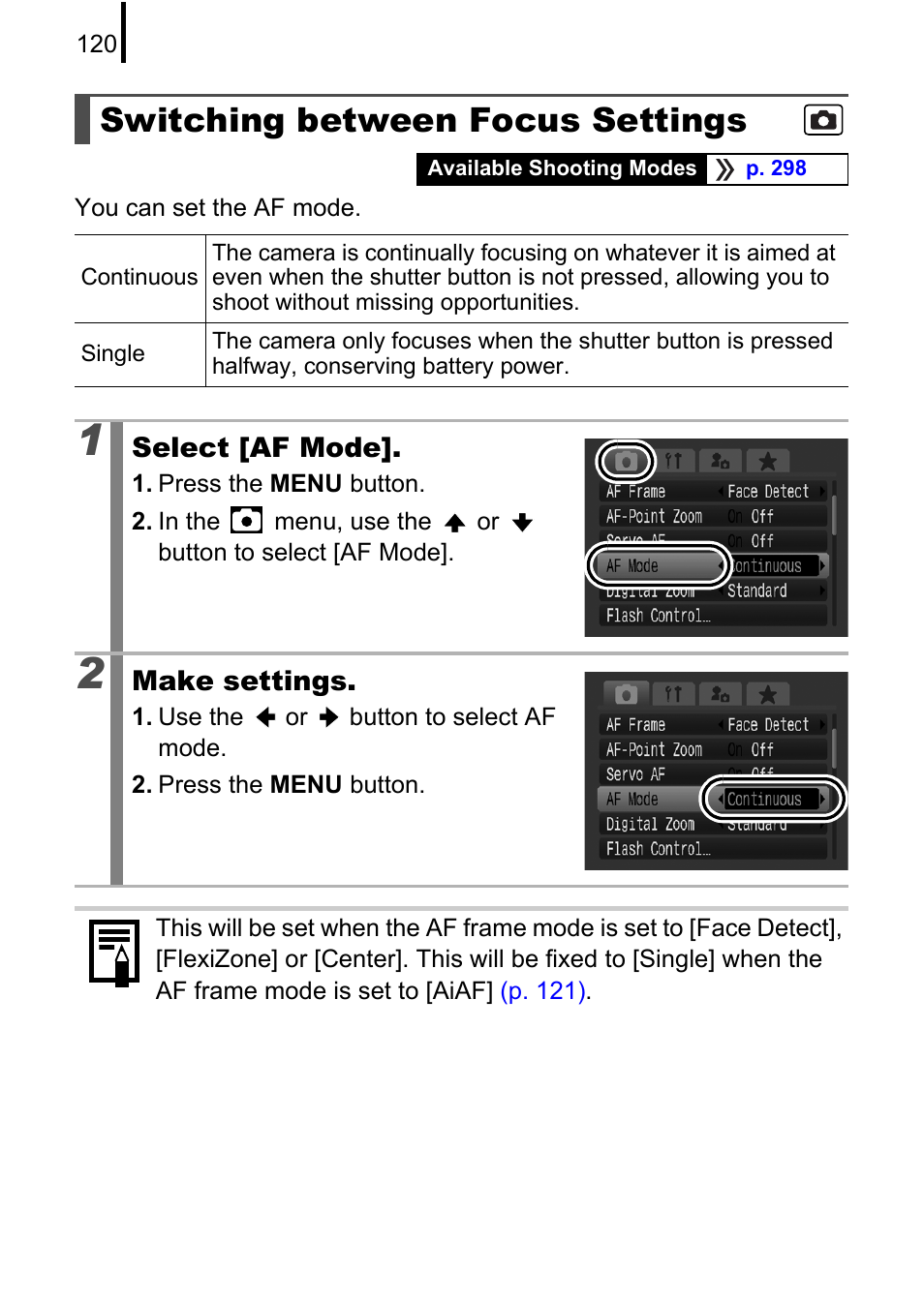 Switching between focus settings, P. 120 | Canon PowerShot G10 User Manual | Page 122 / 306