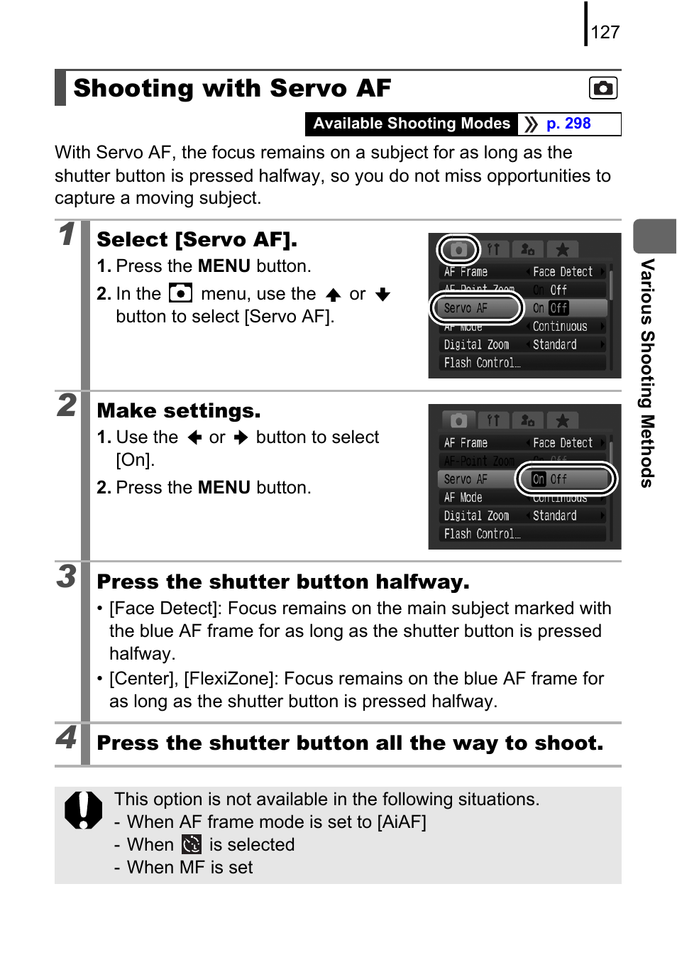 Shooting with servo af, P. 127, P. 127) | Is set to [on | Canon PowerShot G10 User Manual | Page 129 / 306