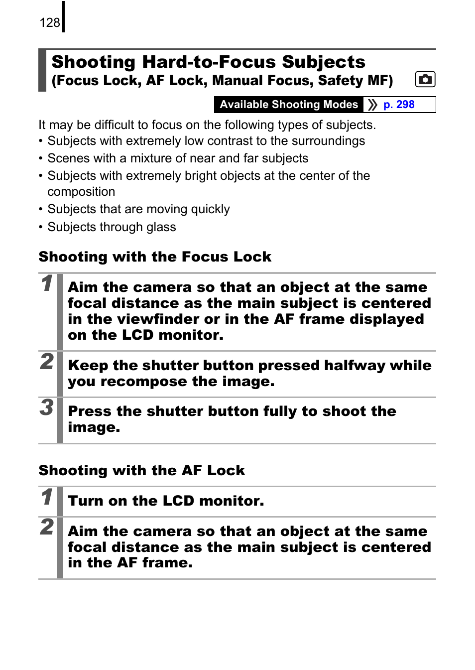 Manual focus, safety mf), P. 128) | Canon PowerShot G10 User Manual | Page 130 / 306