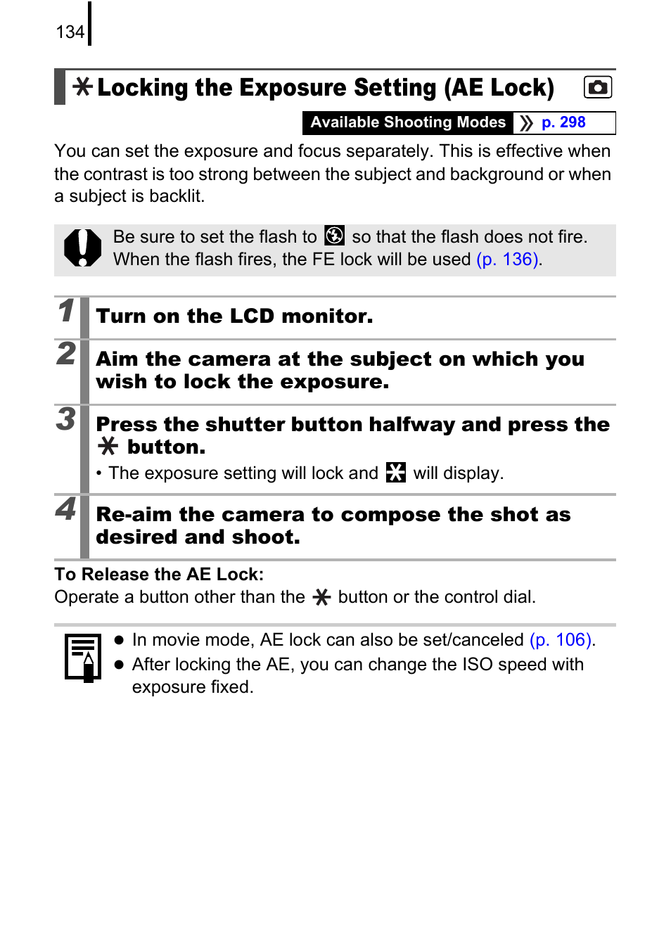 Locking the exposure setting (ae lock), Pp. 134 | Canon PowerShot G10 User Manual | Page 136 / 306