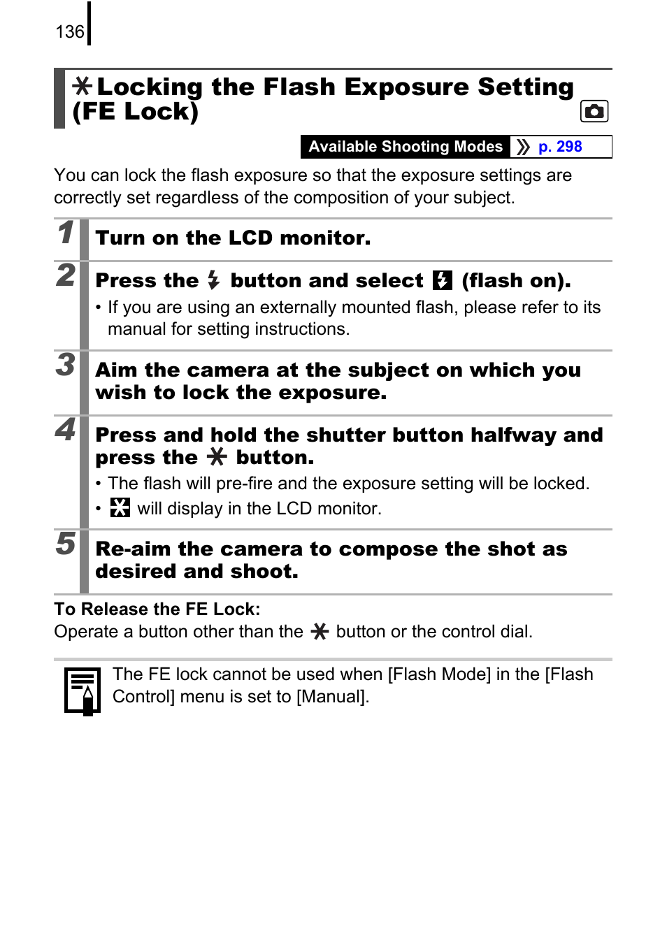 Locking the flash exposure setting (fe lock), P. 136) | Canon PowerShot G10 User Manual | Page 138 / 306