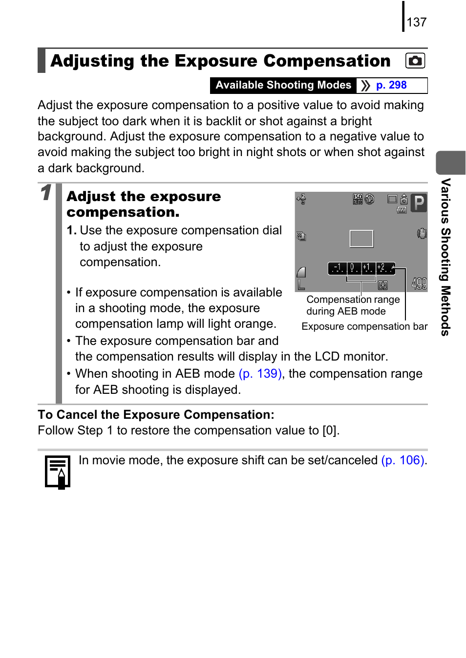 Adjusting the exposure compensation, P. 137), P. 137 | The exposure | Canon PowerShot G10 User Manual | Page 139 / 306