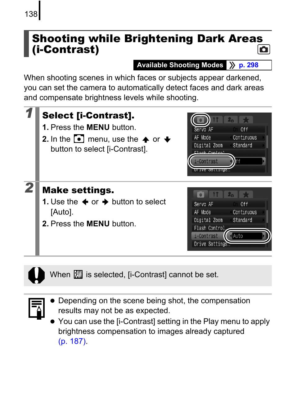 Shooting while brightening dark areas (i-contrast), P. 138 | Canon PowerShot G10 User Manual | Page 140 / 306