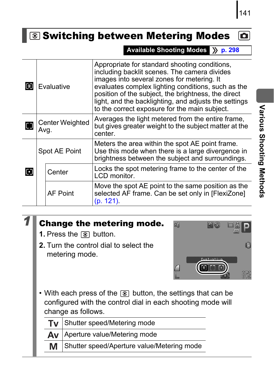 Switching between metering modes, Pp. 141, P. 141) | P. 141, Metering method, G mode, Change the metering mode | Canon PowerShot G10 User Manual | Page 143 / 306