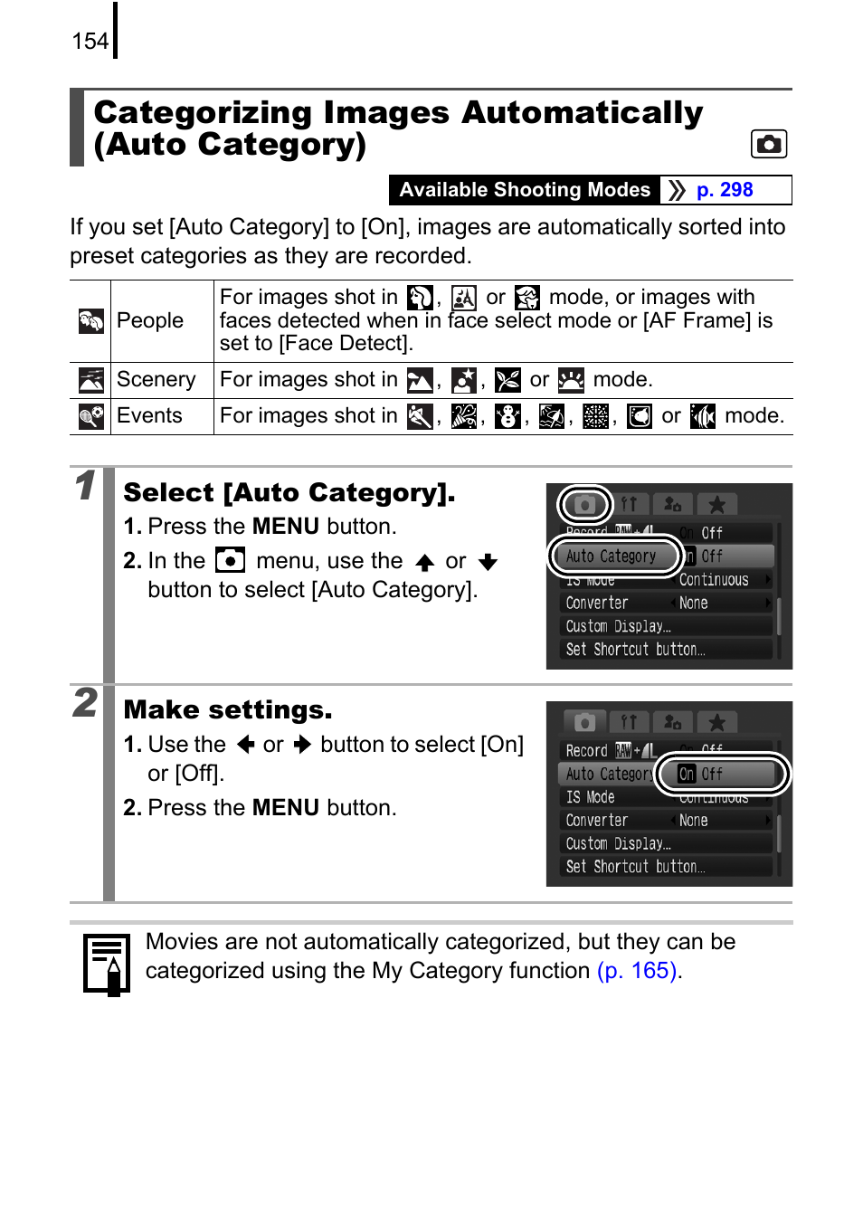 Categorizing images automatically (auto category), P. 154 | Canon PowerShot G10 User Manual | Page 156 / 306