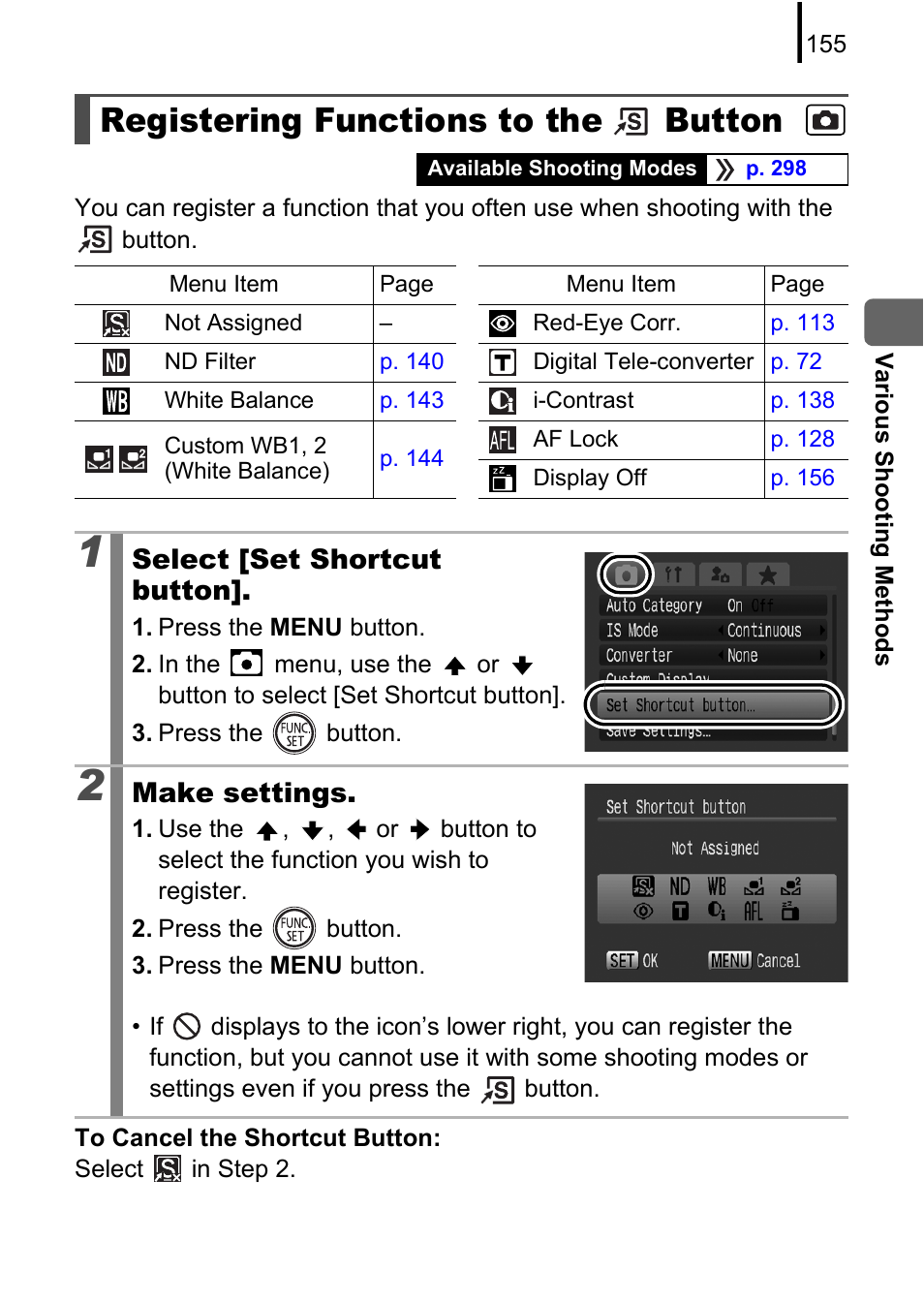 Registering functions to the button, Registering functions to the, Button | P. 155, P. 155), Select [set shortcut button, Make settings | Canon PowerShot G10 User Manual | Page 157 / 306