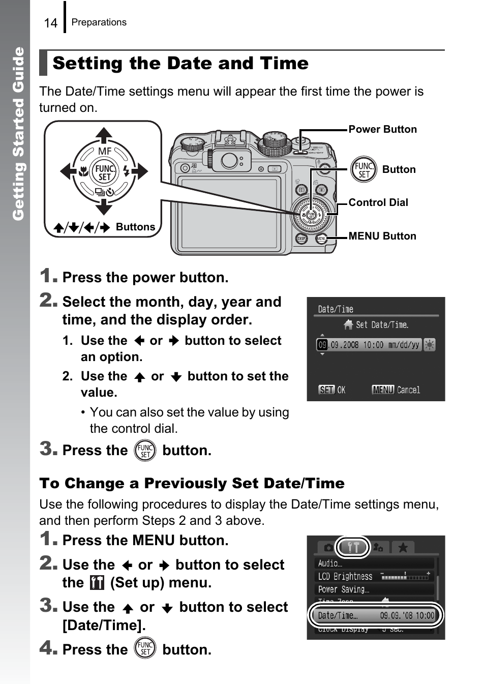 Setting the date and time | Canon PowerShot G10 User Manual | Page 16 / 306