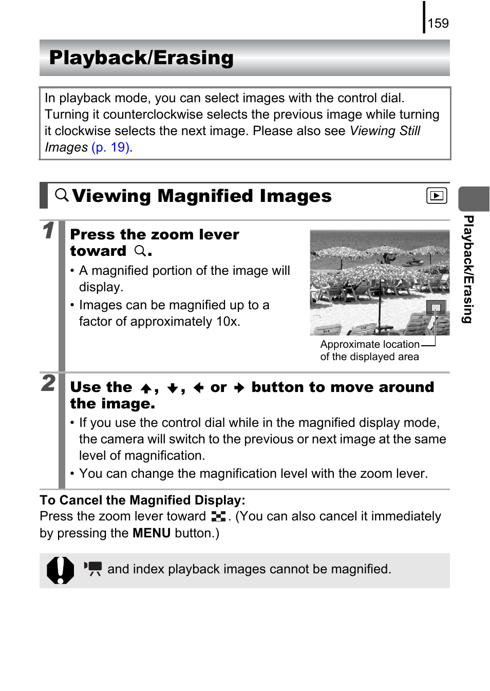 Playback/erasing, Viewing magnified images | Canon PowerShot G10 User Manual | Page 161 / 306