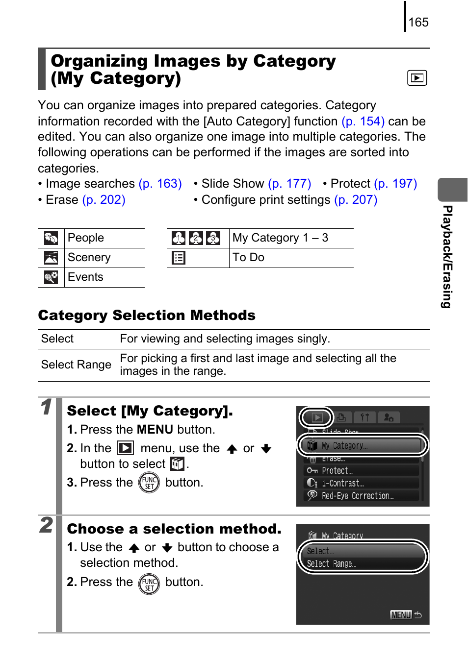 Organizing images by category (my category), P. 165, Nction | P. 165) | Canon PowerShot G10 User Manual | Page 167 / 306