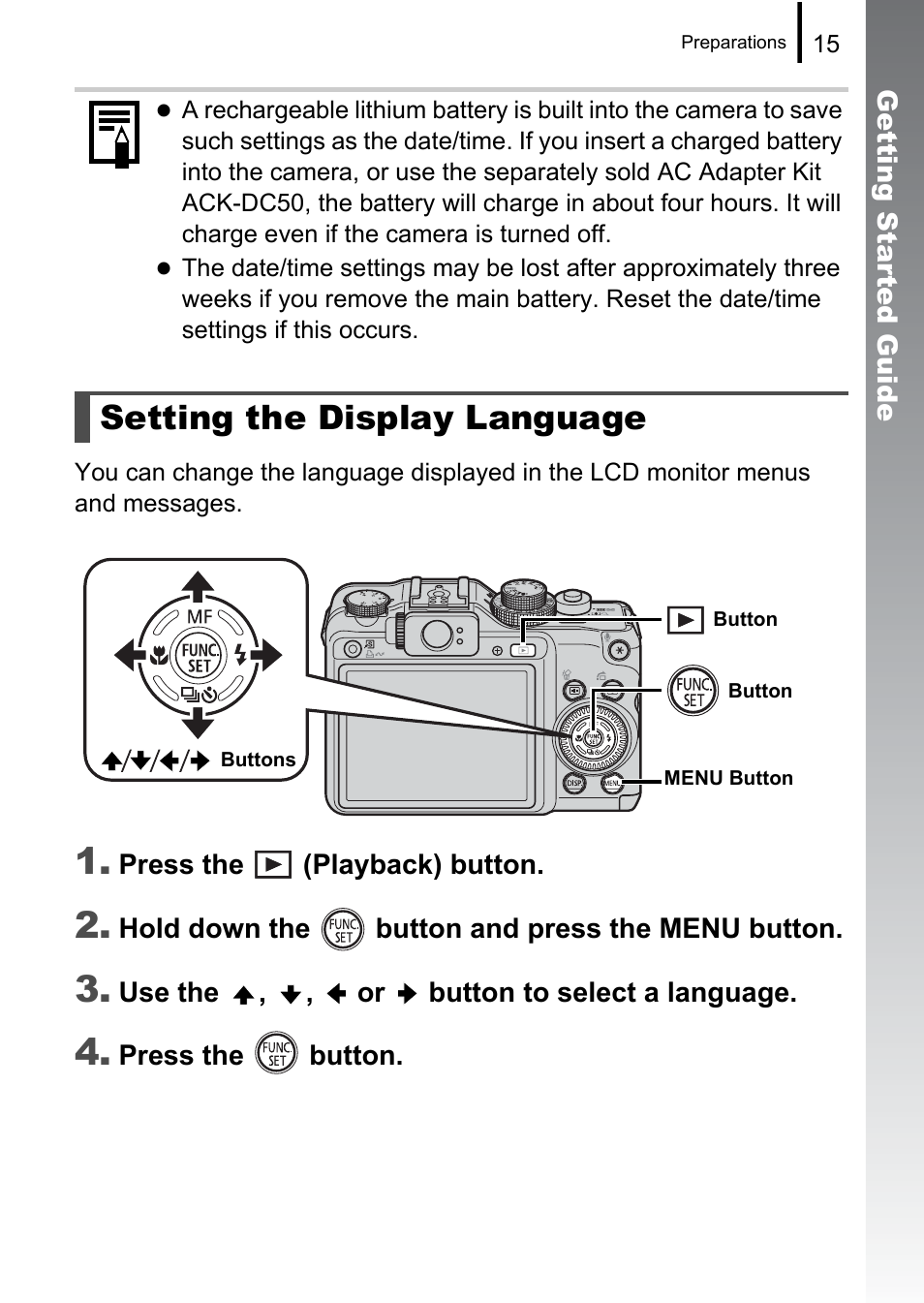 P. 15), To change the, Setting the display language | Canon PowerShot G10 User Manual | Page 17 / 306