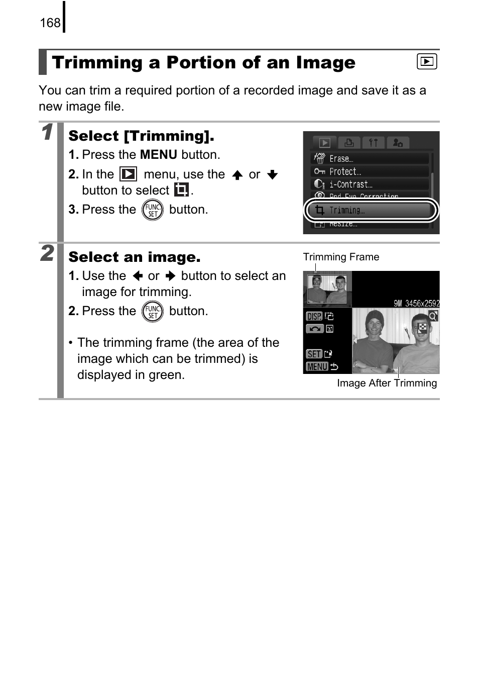 Trimming a portion of an image, P. 168 | Canon PowerShot G10 User Manual | Page 170 / 306
