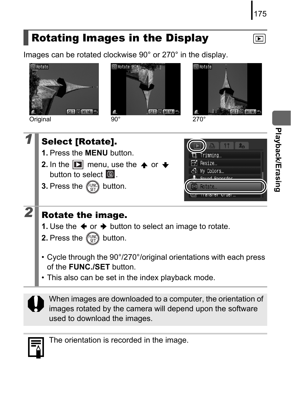 Rotating images in the display, P. 175 | Canon PowerShot G10 User Manual | Page 177 / 306