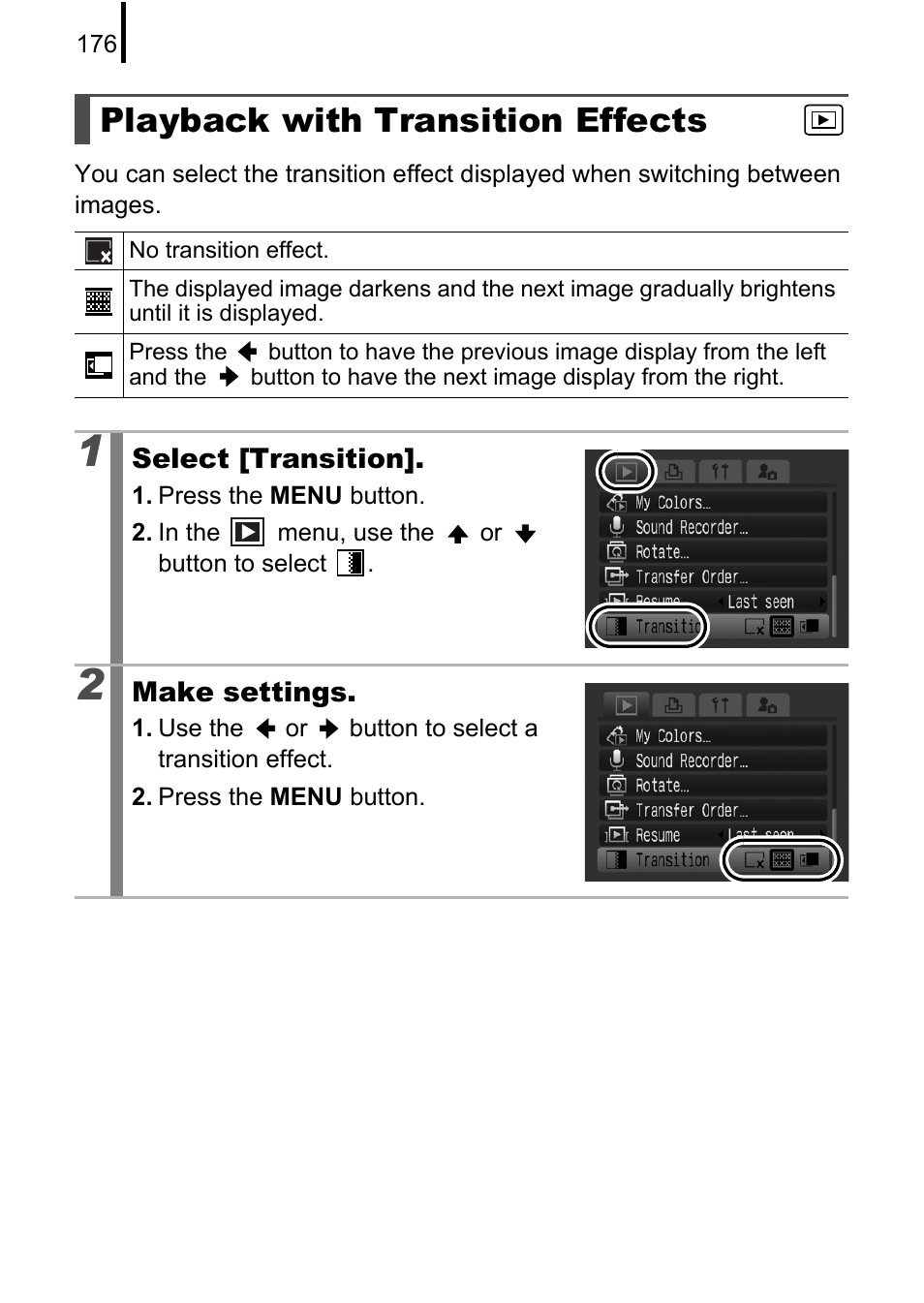 Playback with transition effects, P. 176 | Canon PowerShot G10 User Manual | Page 178 / 306