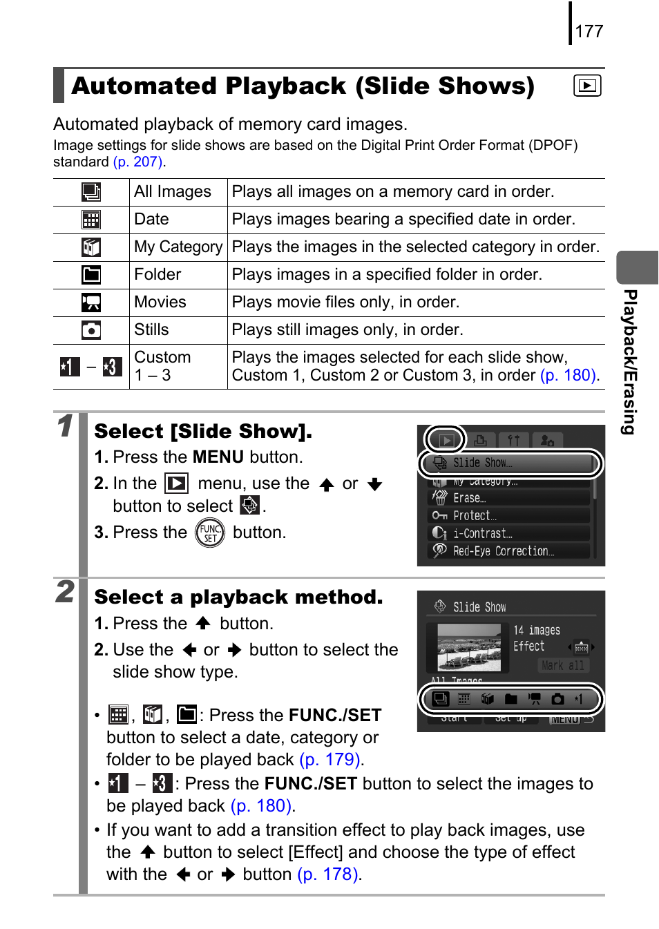 Automated playback (slide shows), Pp. 177, P. 177 | P. 177), Select [slide show, Select a playback method | Canon PowerShot G10 User Manual | Page 179 / 306