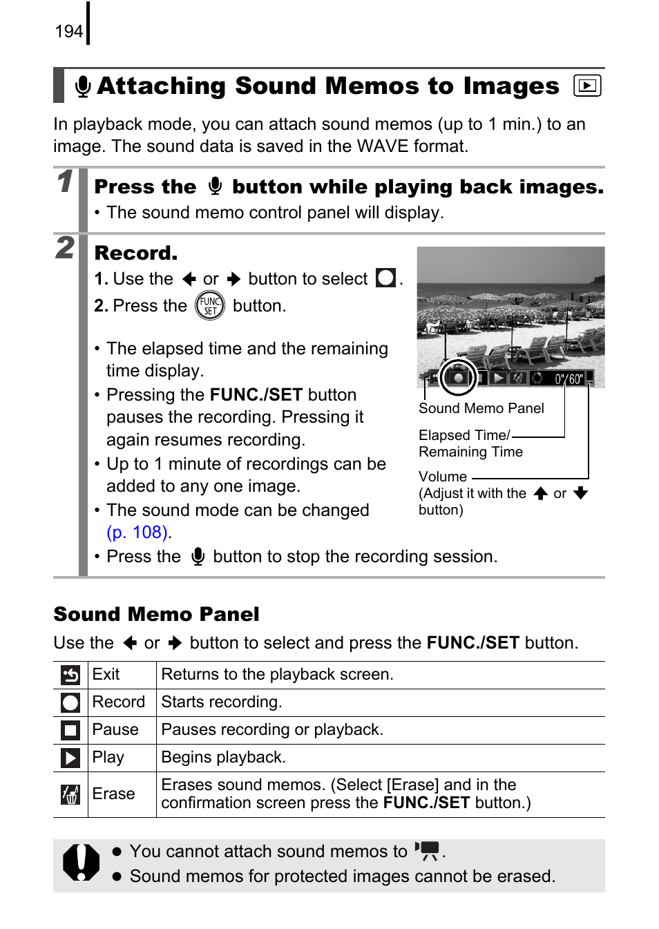 Attaching sound memos to images, Pp. 194, P. 194) | Press the button while playing back images, Record | Canon PowerShot G10 User Manual | Page 196 / 306