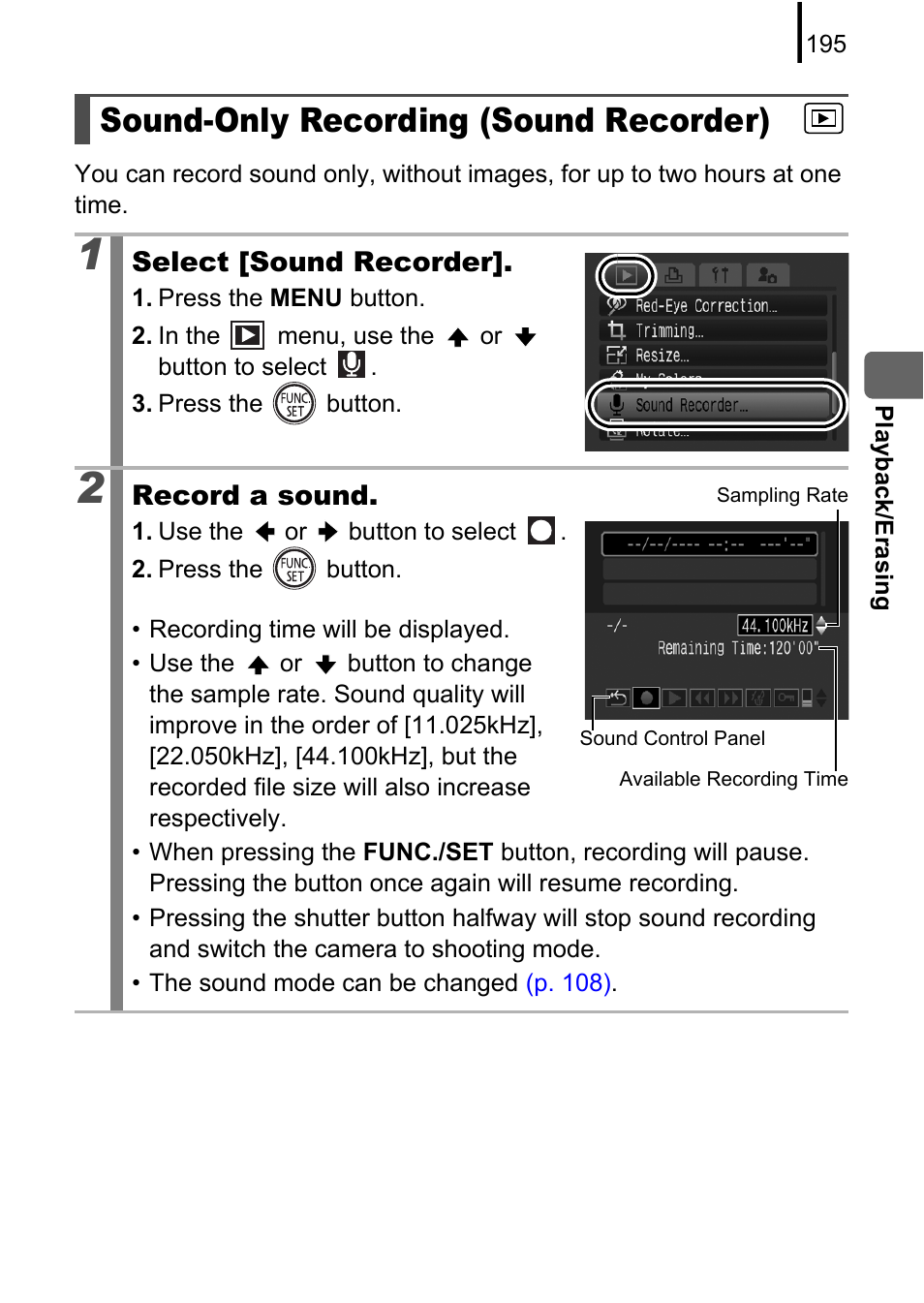 Sound-only recording (sound recorder), P. 195, P. 195) | Can b | Canon PowerShot G10 User Manual | Page 197 / 306