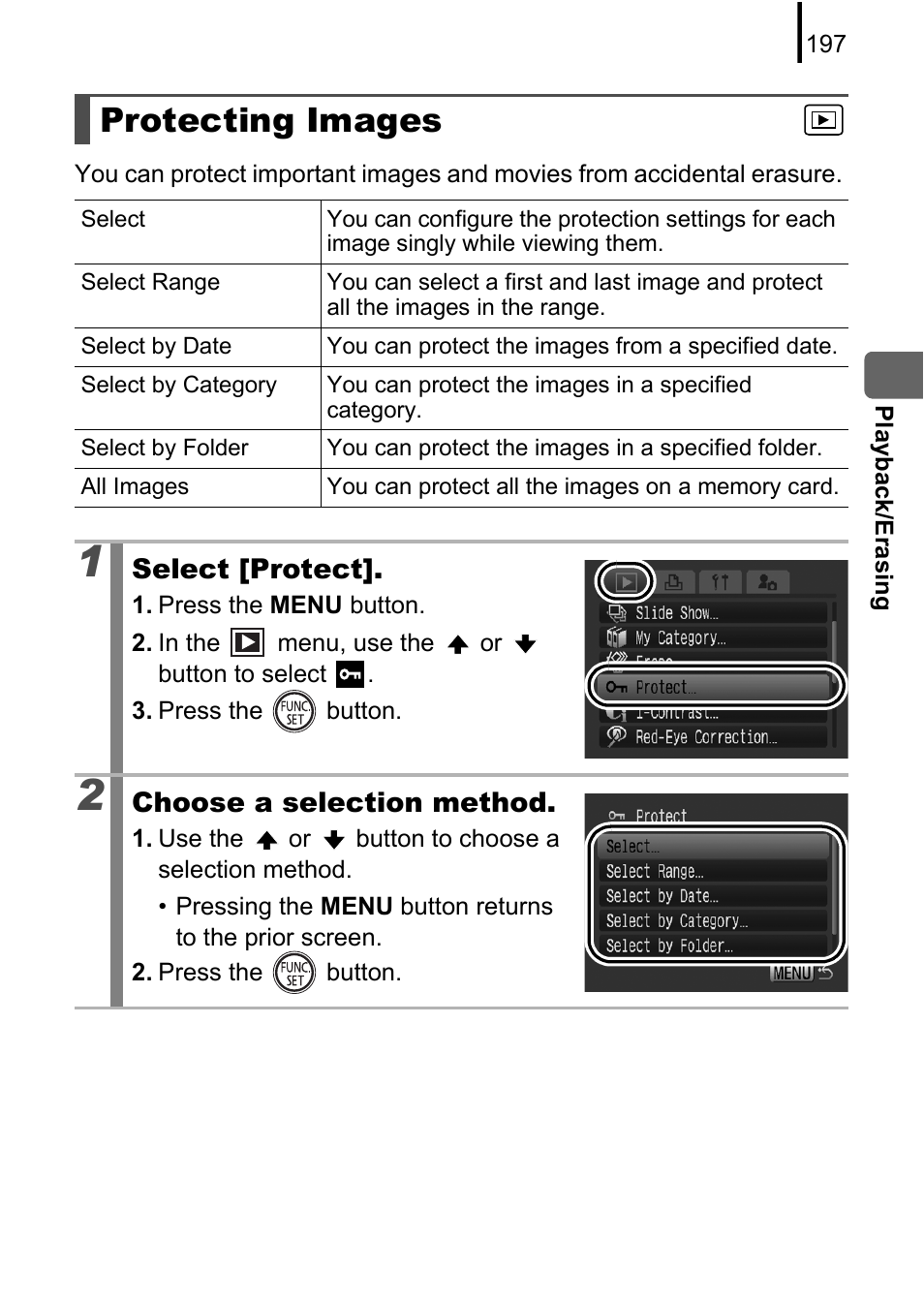 Protecting images, P. 197, Protect | P. 197) | Canon PowerShot G10 User Manual | Page 199 / 306