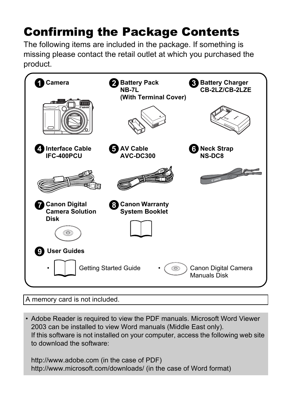 Confirming the package contents, Bd e | Canon PowerShot G10 User Manual | Page 2 / 306