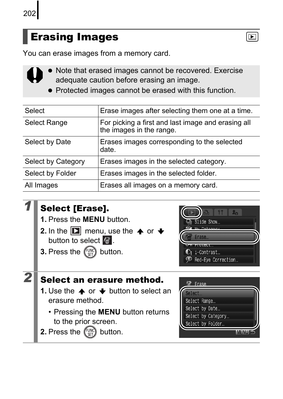 Erasing images, P. 202, Erase | P. 202) | Canon PowerShot G10 User Manual | Page 204 / 306