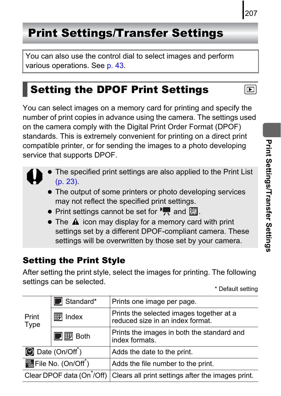 Print settings/transfer settings, Setting the dpof print settings, P. 207) | Ndard, Setting the print style | Canon PowerShot G10 User Manual | Page 209 / 306