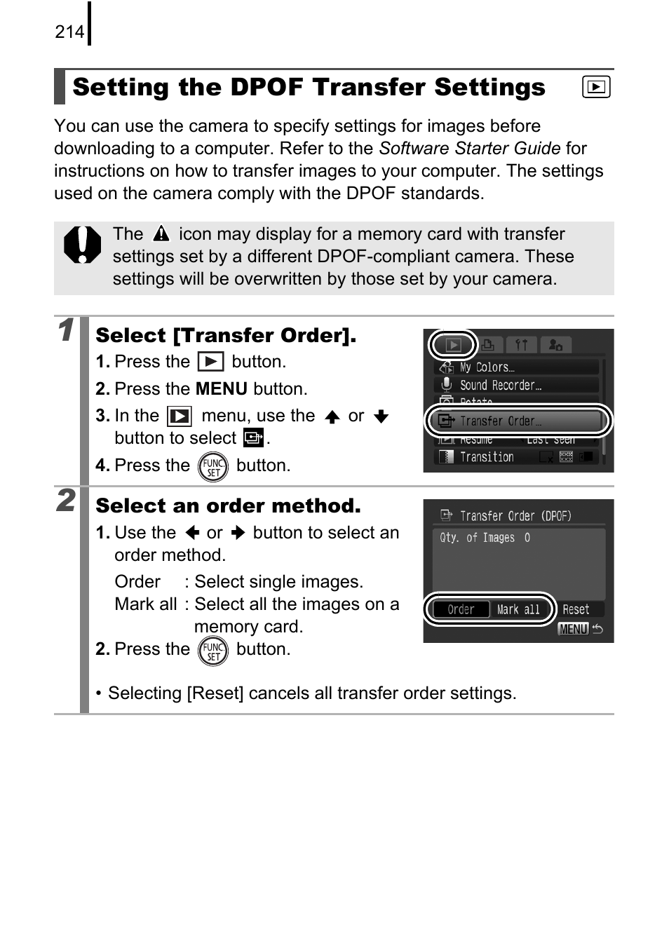 Setting the dpof transfer settings, P. 214 | Canon PowerShot G10 User Manual | Page 216 / 306