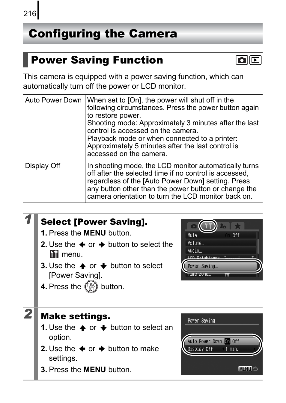 Configuring the camera, Power saving function, P. 216 | Canon PowerShot G10 User Manual | Page 218 / 306