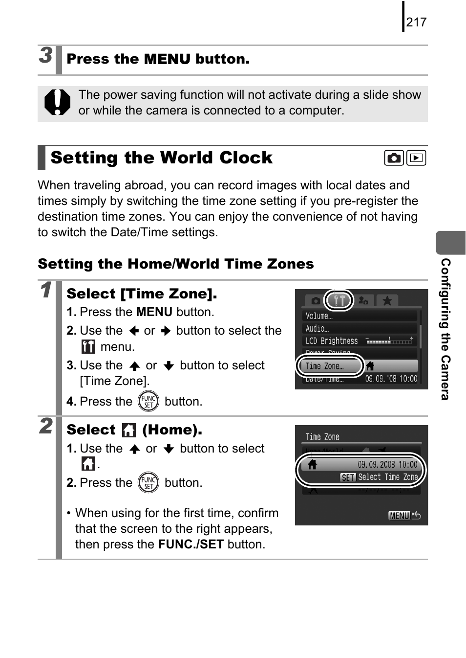 Setting the world clock, P. 217 | Canon PowerShot G10 User Manual | Page 219 / 306