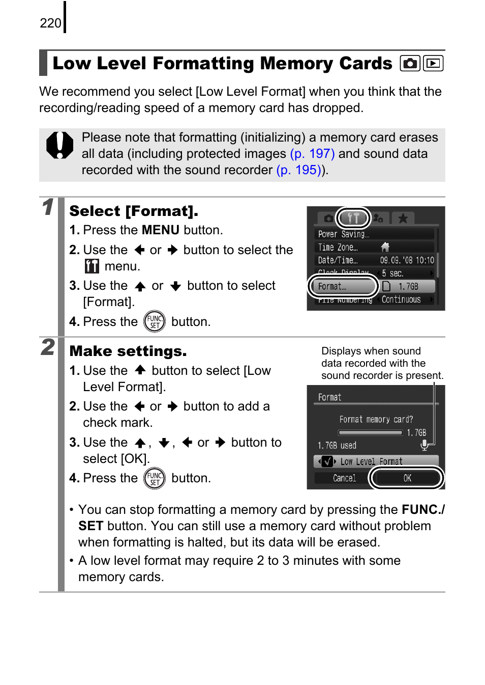 Low level formatting memory cards, P. 220) | Canon PowerShot G10 User Manual | Page 222 / 306